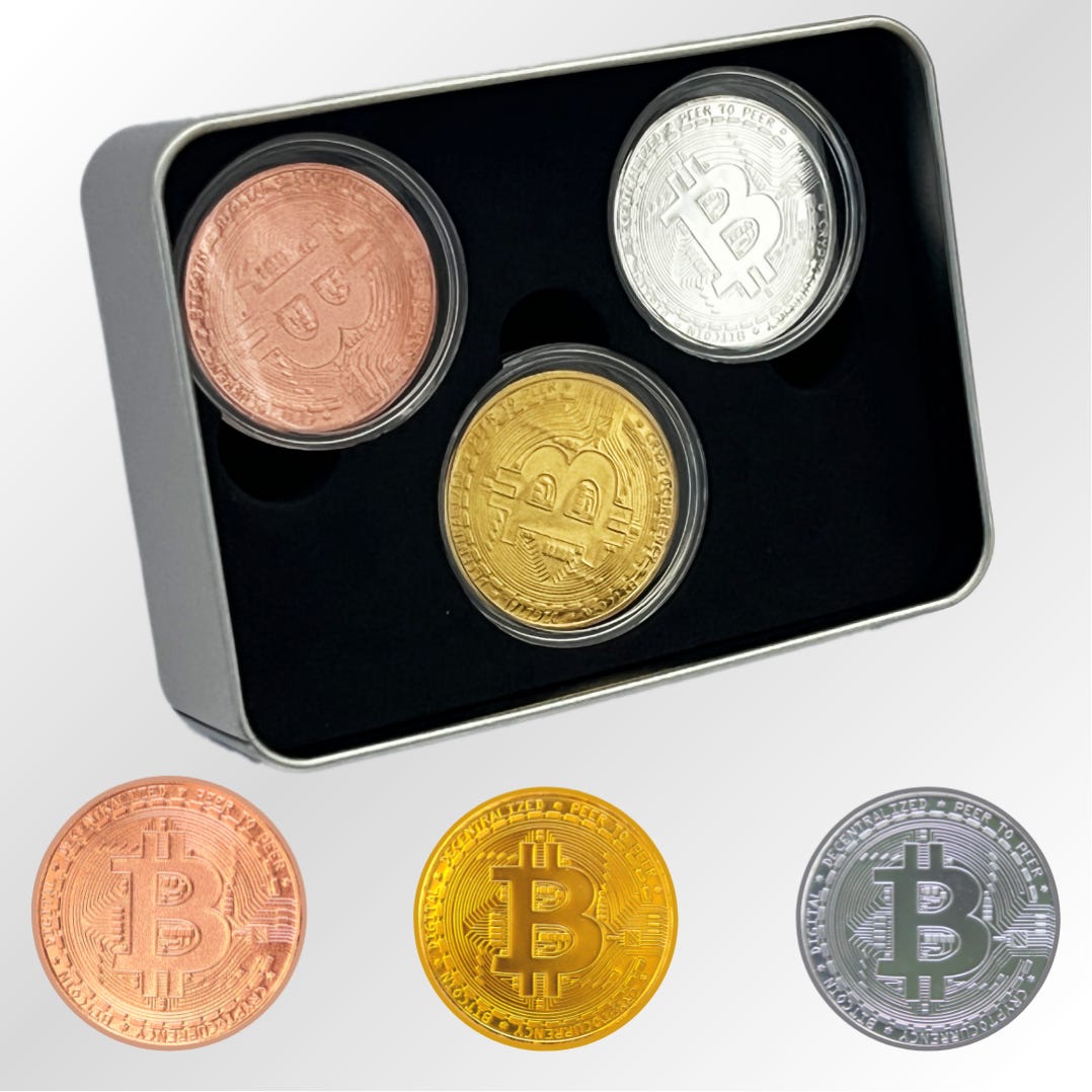 BTC, Bitcoin, Münze, Münzen, Geschenkset, Krypto, Crypto, Geschenkset, Medaille, Gold, Silber, Kupfer, Sammler, Münzensammler, physisch, physische, echt, echte, Medaille, Echtgold, Echtsilber, edel, Edelmetall, wertig, Schachtel, Geschenkschachtel, verschenken, Währung, digital, Sammlung, karat